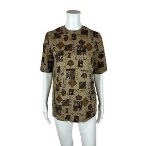 Vintage 50s Egyptian Top Women's Medium Novelty Print Brown Button Back Cotton